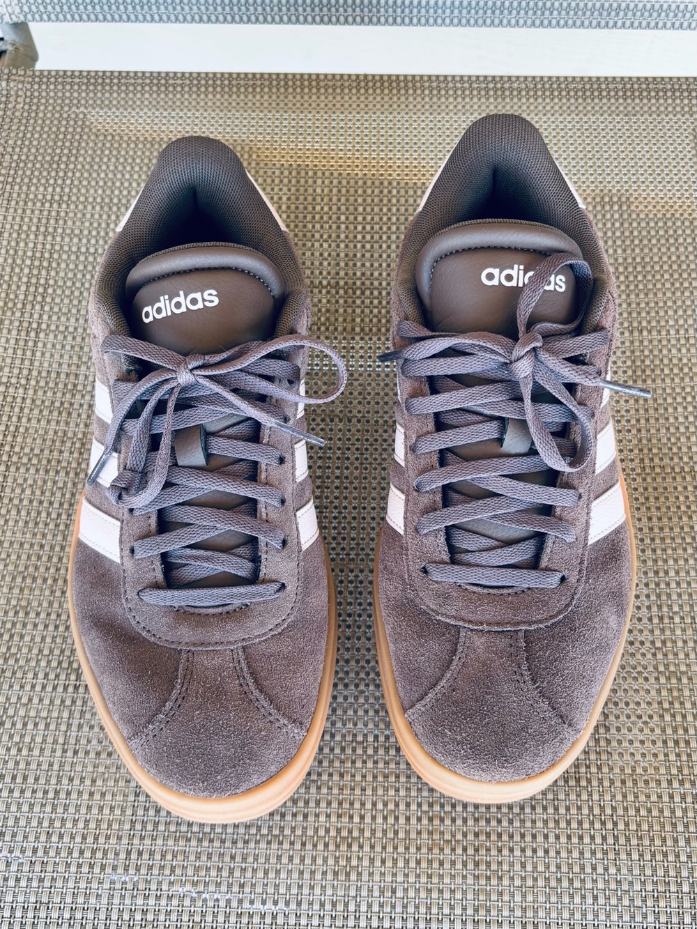adidas Brown Suede Sneakers with White Stripes and Gum Sole
